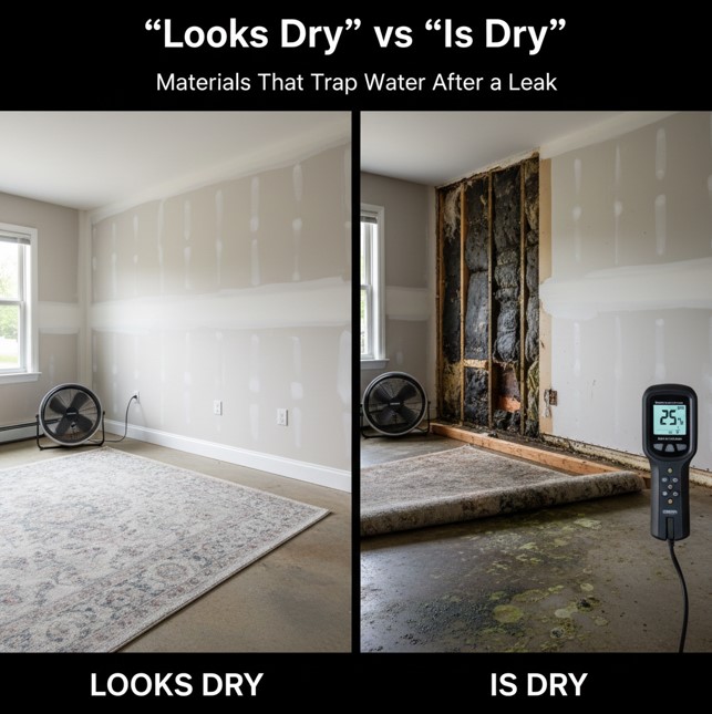 “Looks Dry” vs “Is Dry”: Materials That Trap Water After a Leak